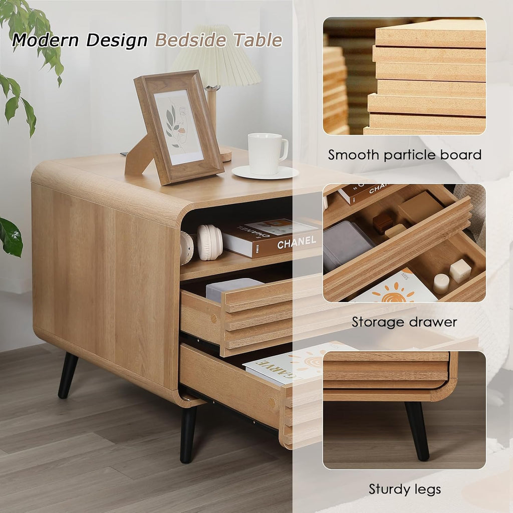 Modern Nightstand with Charging Station, 24" Night Stands with 2 Drawers, Wood Fluted End Table with Storage, Oak