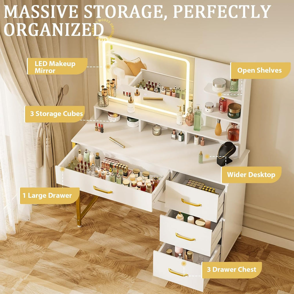 Vanity Desk with Mirror and Lights, Makeup Vanity Table with 4 Drawers & Storage Shelves, Large HD Mirror, 3 Color