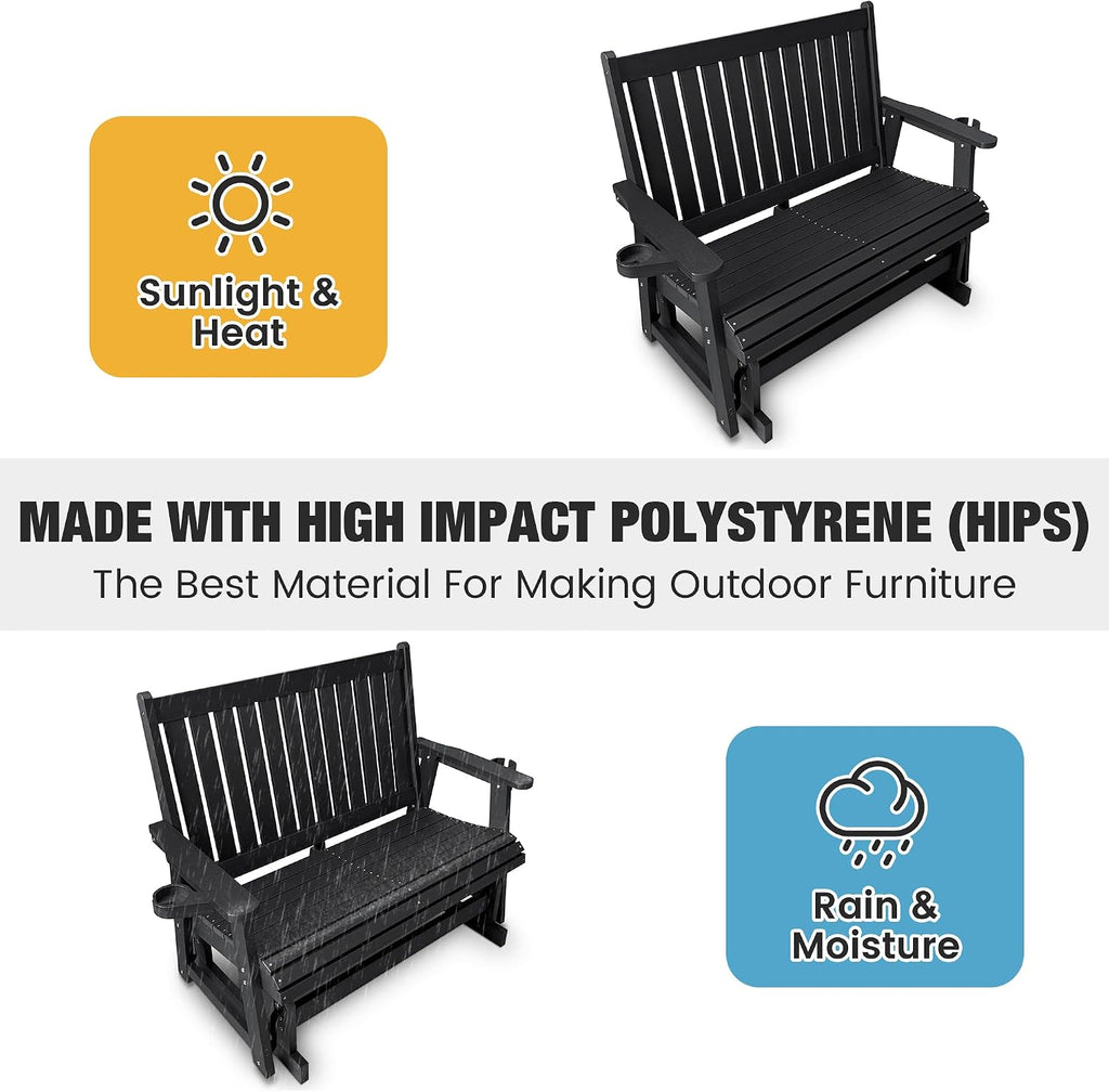 Patio Glider Two-Seat with Cup Holders, Durable HIPS Material, All-Weather Resistant, High Backrest and Deep