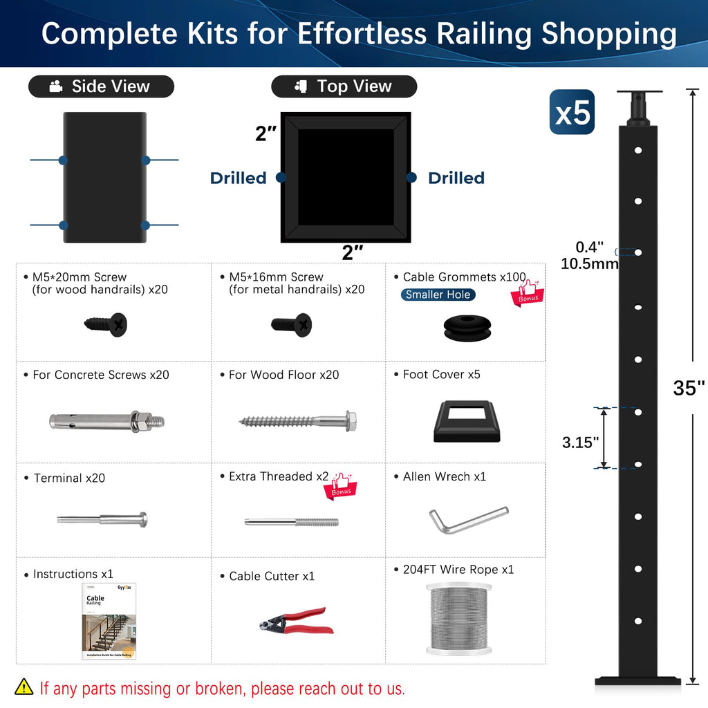 16-20FT Modular Cable Railing Kit 36", 5 Level Railing Post System