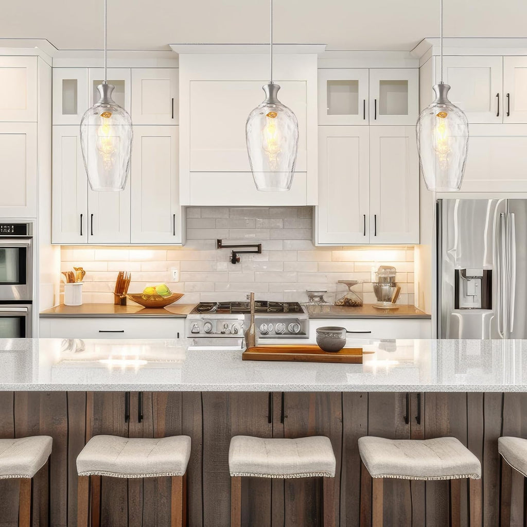 Glass Pendant Lights Kitchen Island 2 Pack, Brushed Nickel Pendant Light Fixtures with Hand-Blown Clear Glass, Modern