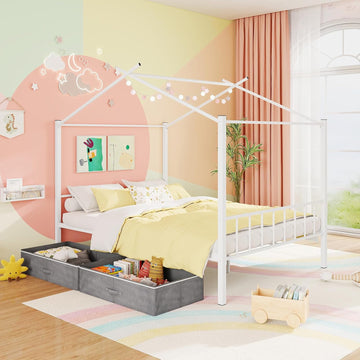 Full Size House Bed with 2 Storage Drawers, Metal Montessori Bed Frame with Headboard & Footboard, Full House Beds