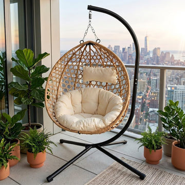 Hanging Egg Chair with Stand, Indoor Outdoor Foldable Hammock Chair with Cushion, HDPE Rattan Wicker Hanging Chair