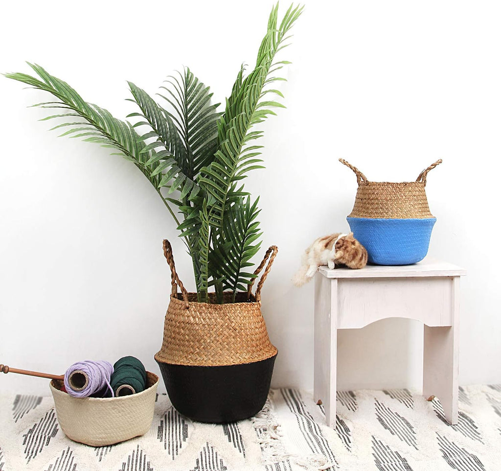 Woven Seagrass Belly Basket for Storage, Laundry, Picnic, Plant Pot Cover, and Grocery and toy storage (Medium, Black)