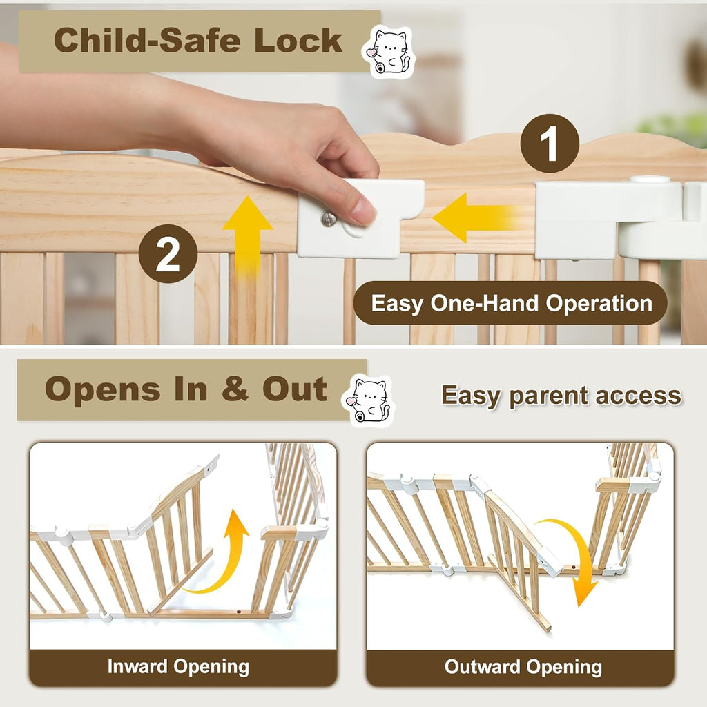 Foldable Wooden Baby Playpen, Pre-Assembled Pine Wood Play Pen, 60x60x24in | Adjustable Shape & Size Large Baby Fence
