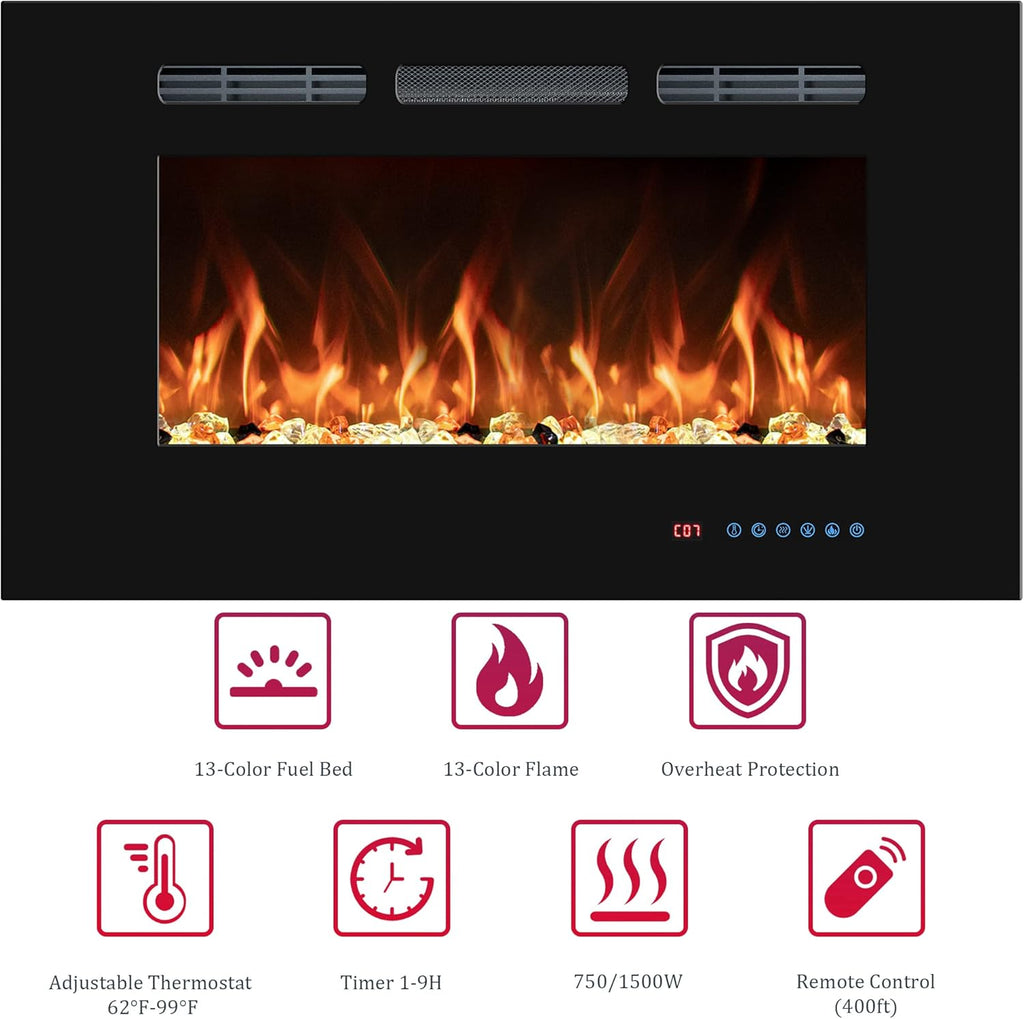 48'' Electric Fireplaces Inserts, Recessed & Wall-Mounted Fireplace Heater with Thermostat, Multicolor Flames,Timer