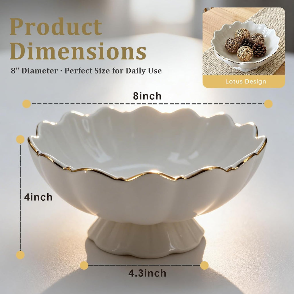 White Small Decorative Bowl 8 Inch Ceramic Key & Fruit Bowl Ruffle Lotus Shape with Gold Rim Candy Bowl, Multi-Use