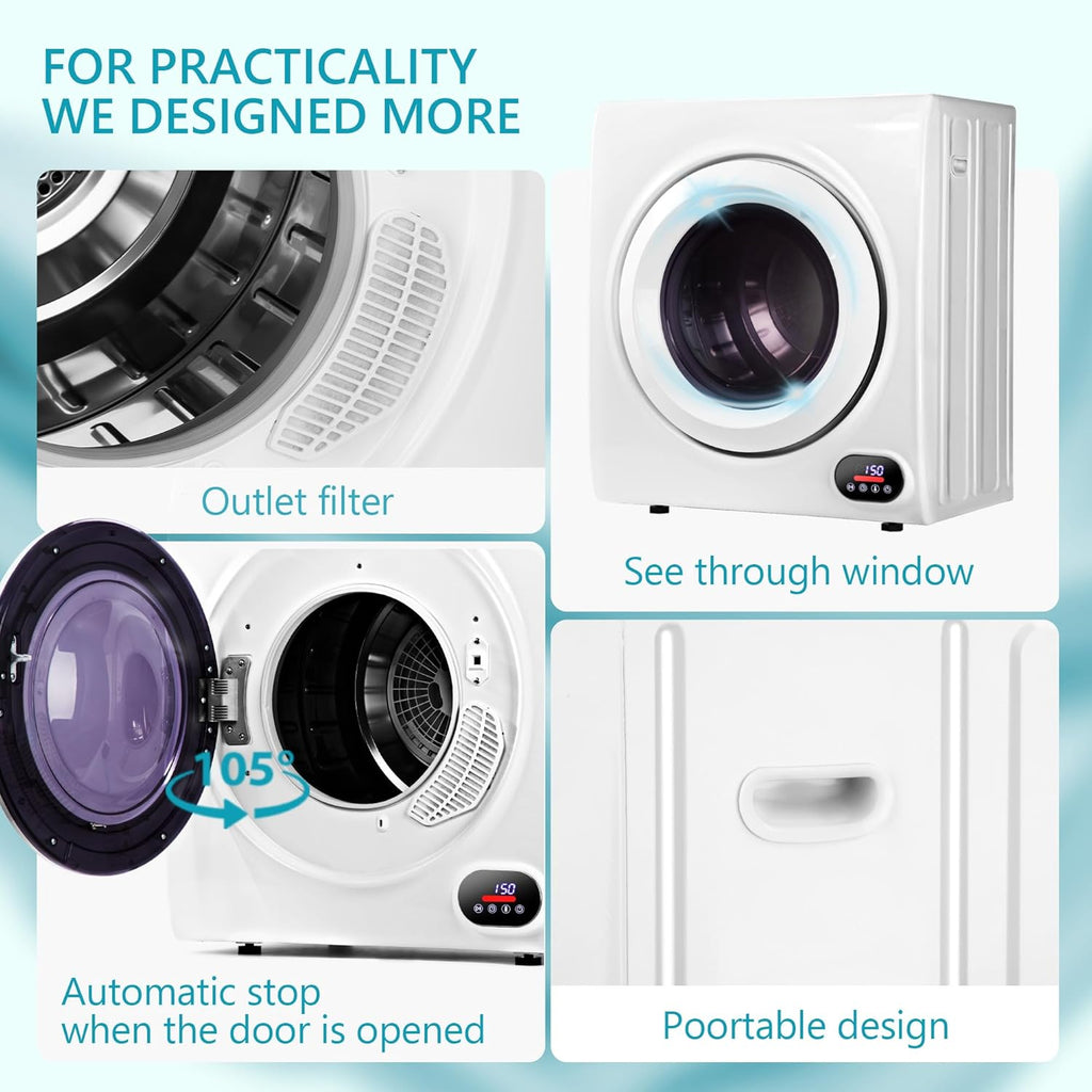 Compact Laundry Dryer, 3.5 cu ft Front Load Stainless Steel Clothes Dryers With Exhaust Pipe, 1500W, LCD Control Panel