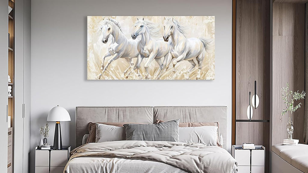 Horses Canvas Wall Art - Large Running Wild Horses Pictures Animal Painting Prints Inspirational White Elegant