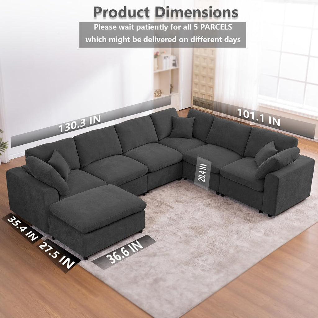 Oversized Modular Sectional Sofa Cloud Couch, Gray