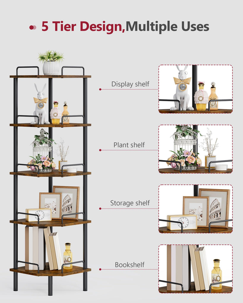 5 Tier Corner Shelf Stand, Small Corner Table, Rustic Brown