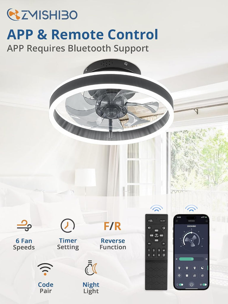 Low Profile Ceiling Fans with Lights and Remote, 13 Inch Fandelier Ceiling Fan with Light, Black Modern Flush Mount Ceiling Fan, Small Dimmable LED Fan Lights for Bedroom