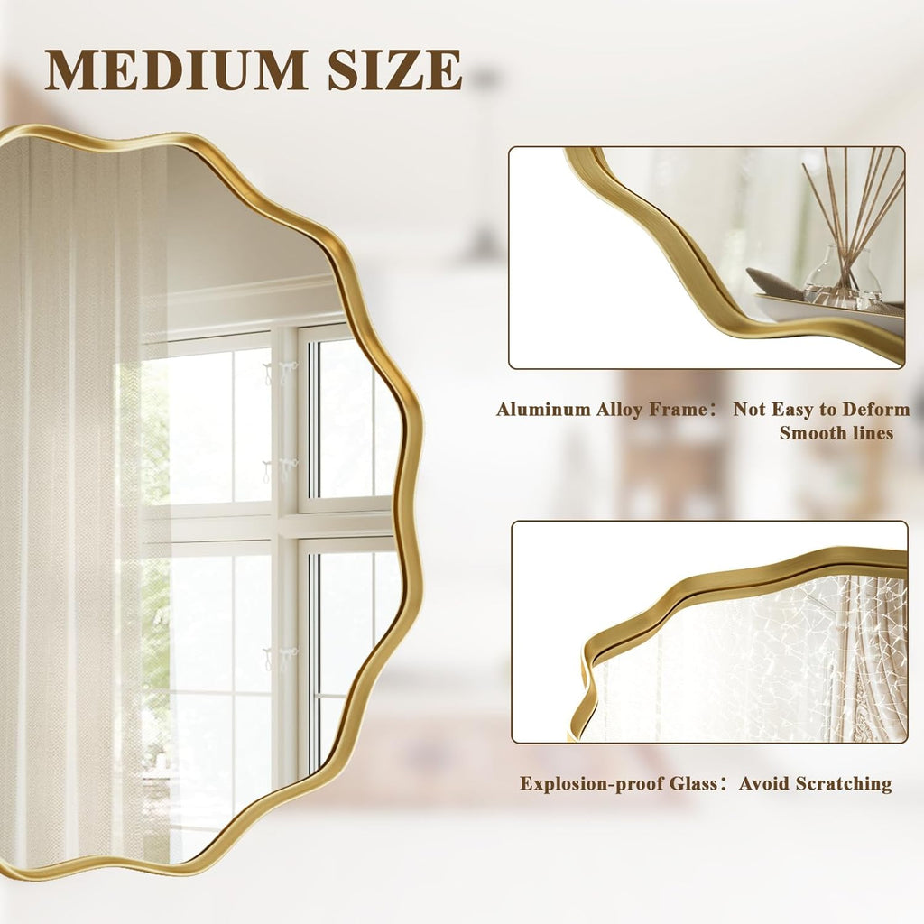 Gold Scalloped Circle Mirror, 24" Wavy Edge Round Wall Mirror with Tempered Glass Textured Circular Metal Deep Frame