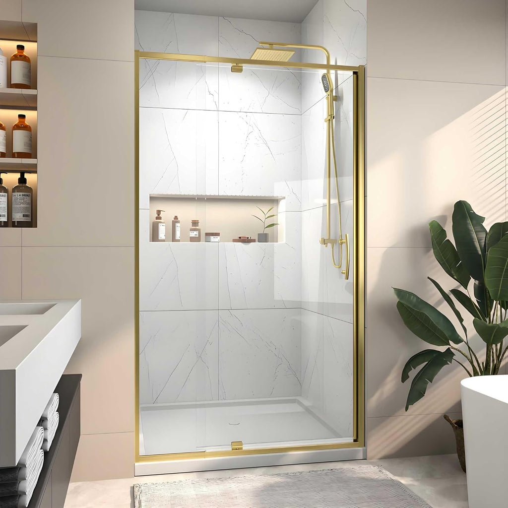 Pivot Glass Shower Door, 38-42" W x 71" H, 1/4"(6mm) Clear SGCC Tempered Glass, Brushed Gold Finish