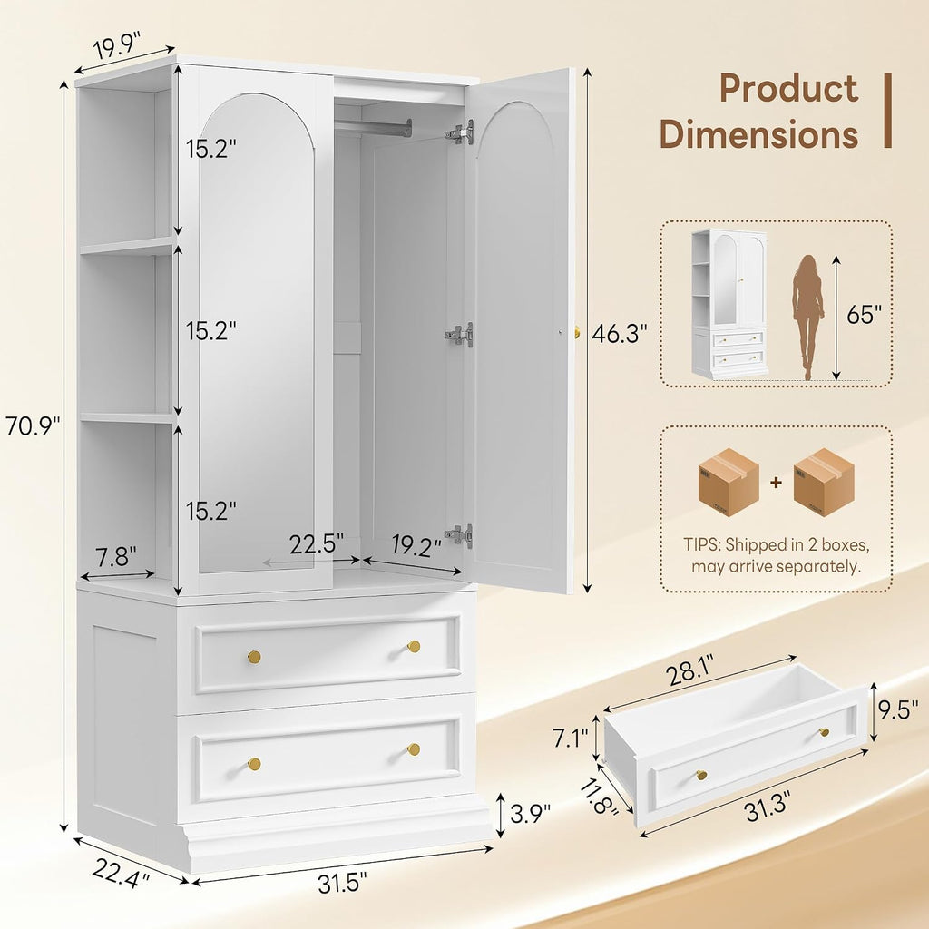Armoire Wardrobe Closet with Full Length Mirror, 3 Open Shelves | 71" Freestanding Bedroom Armoire with 2 Drawers, 3