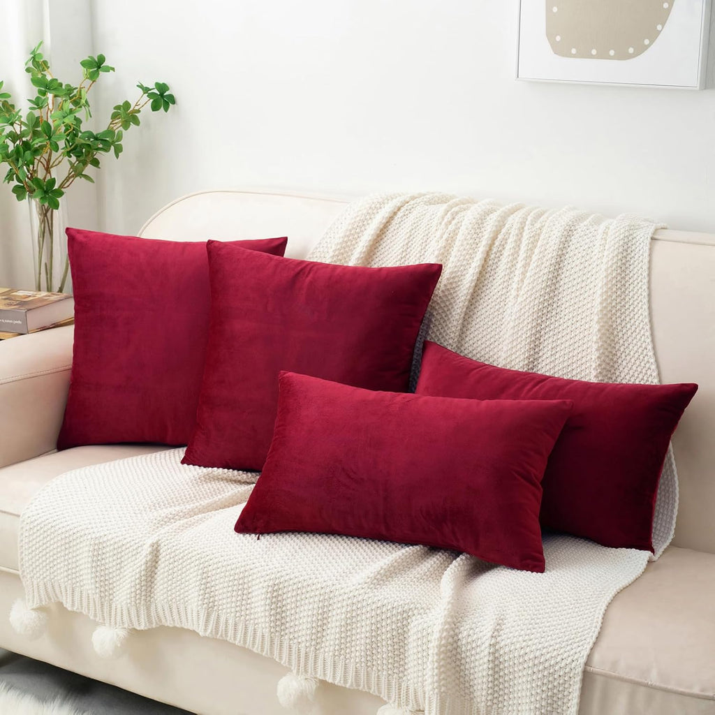Burgundy Red Velvet Throw Pillow Covers 18x18 Inch, Pack of 2 Soft Cozy Solid Decorative Luxury Cushion Cases