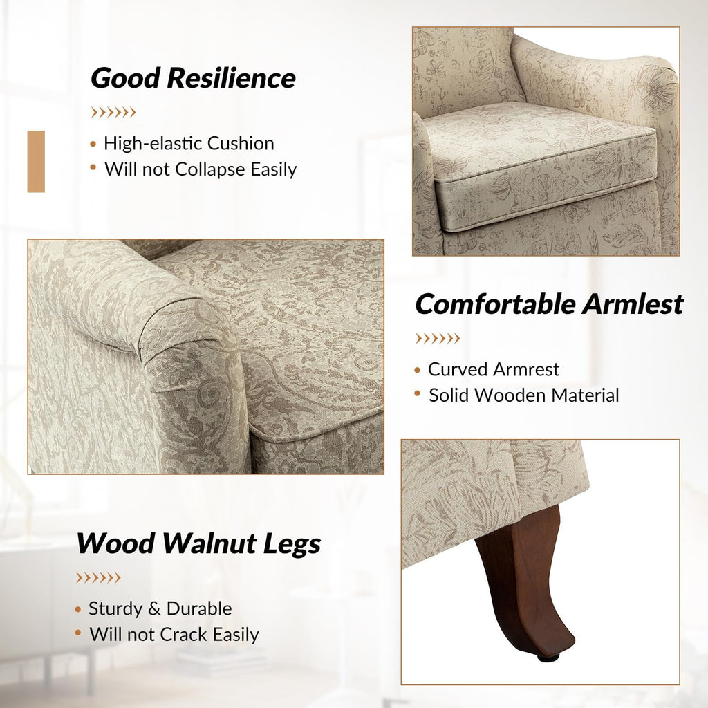 Floral Accent Chair, Modern High Back Armchair with Wooden Legs, Comfy Wingback Chair Upholstered Accent Single Sofa