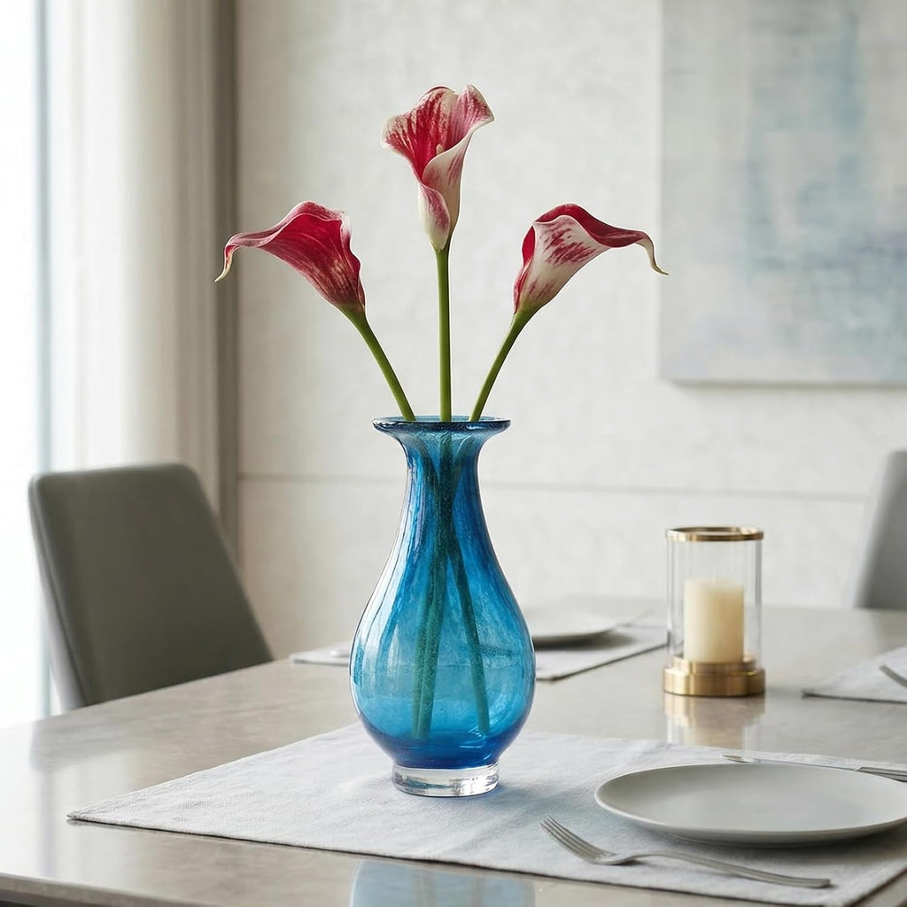 Blue Glass Vase, Hand Blown Wide Mouth Art Glass Vase, Murano Style Decorative Flower Vase Decor, Mantel, Dining
