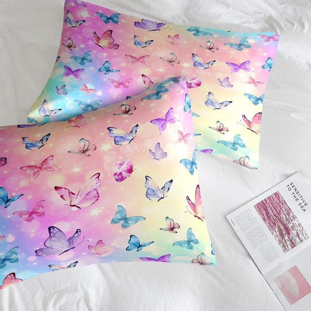 Comforter Set, Pink Blue Butterfly 5 Pcs Bedding for Kids and Adults, Colorful Rainbow Bed Sheet Sets