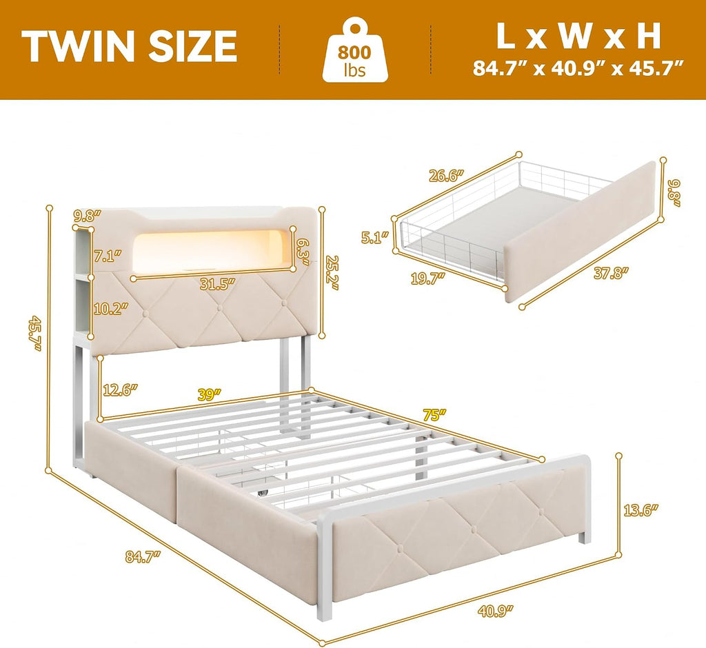 Twin Upholstered LED Bed Frame with 2 Storage Drawers and 2-Tier Storage Bookcase Headboard, Velvet Princess Platform