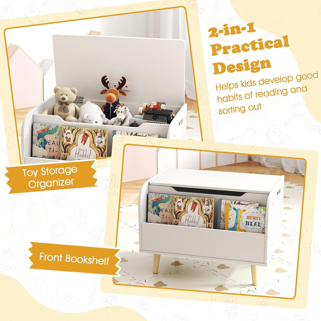 Kids Wooden Toy Box w/Front Bookshelf, Toy Storage Organizer w/ 4 Solid Wood Legs, Flip-top Lid, Safety Hinge &