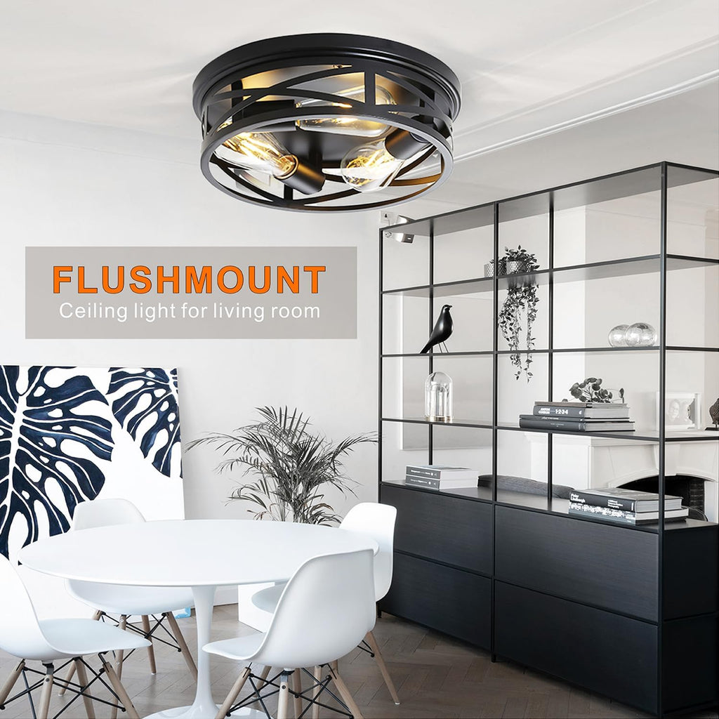 Farmhouse Flush Mount Ceiling Light 12 Inch E26 3-Light Large Black Anti-Rust Metal Cage Close to Ceiling Lamp for Overhead Entryway Kitchen Outdoor Porch 1pack