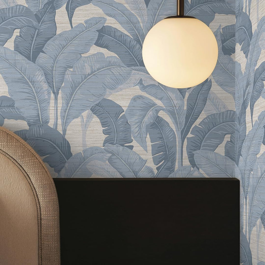 Textured Blue Layered Palm Faux Grasscloth Removable Peel and Stick Wallpaper, 20.5 in X 16.5 ft, Made in The USA