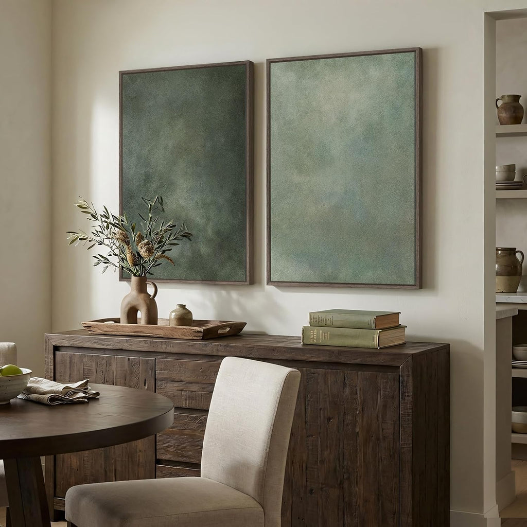 Large Framed Green Abstract Wall Art, 2 Piece Modern Canvas Art Prints Paintings, Minimalist Sage Green Abstract