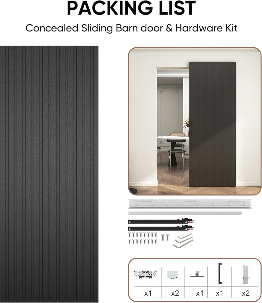 32"x86" Concealed Sliding Barn Door with Soft Close Hardware Kit, Black Hidden Door for Opening 24"-