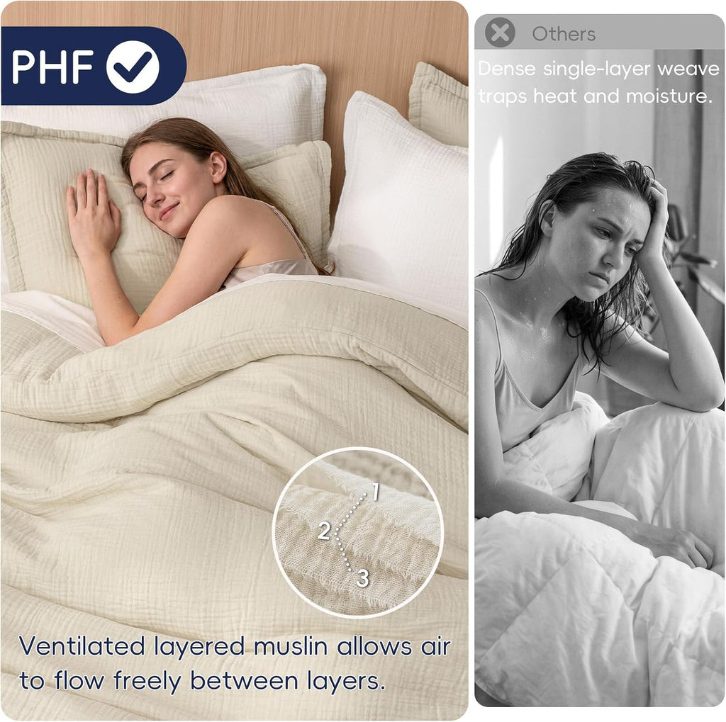 Cotton Muslin Duvet Cover, 3-Layer Soft Lightweight & Breathable Textured Gauze, Skin-Friendly Minimalist