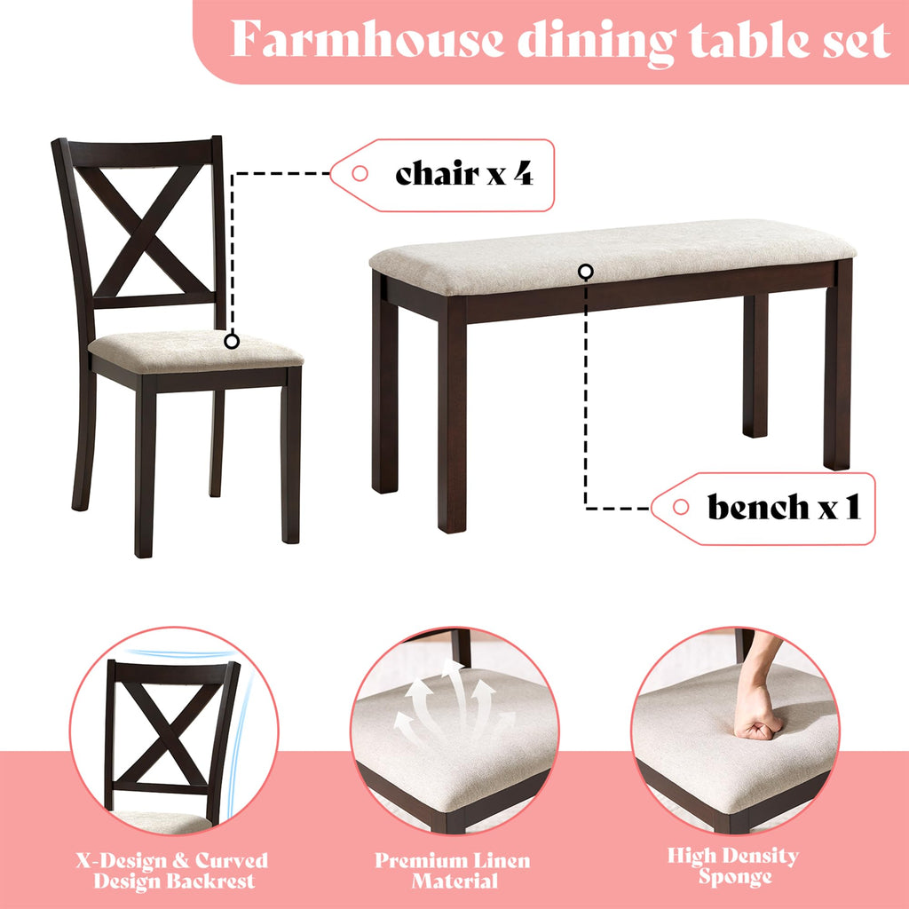 6 Piece Farmhouse Dining Set with 60" Solid Wood Table, Brown