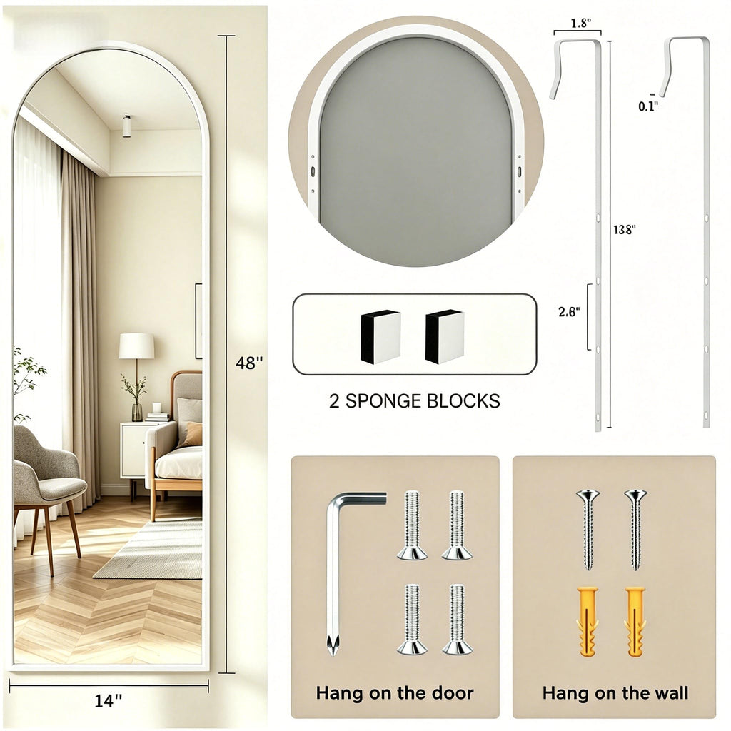 14" x 48" Arched Full Length Mirror White Frame Over Door & Wall Mounted