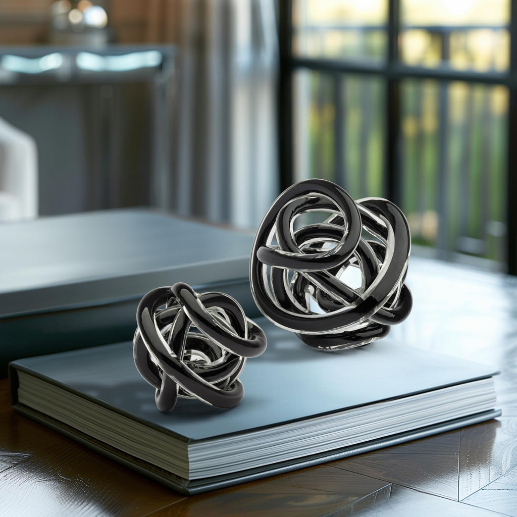 Orbit Hand Blown Glass Infinity Knot Sculpture - 3 Inch Glass Art Black Knot Decor Ball Decor, Small Centerpiece