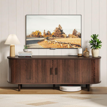 58" Mid Century Modern TV Stand, TV Consoles with Sliding Doors, Wood Entertainment Center with Power Outlet and Adjustable Shelves, Fluted Television Stand for Living Room, Walnut