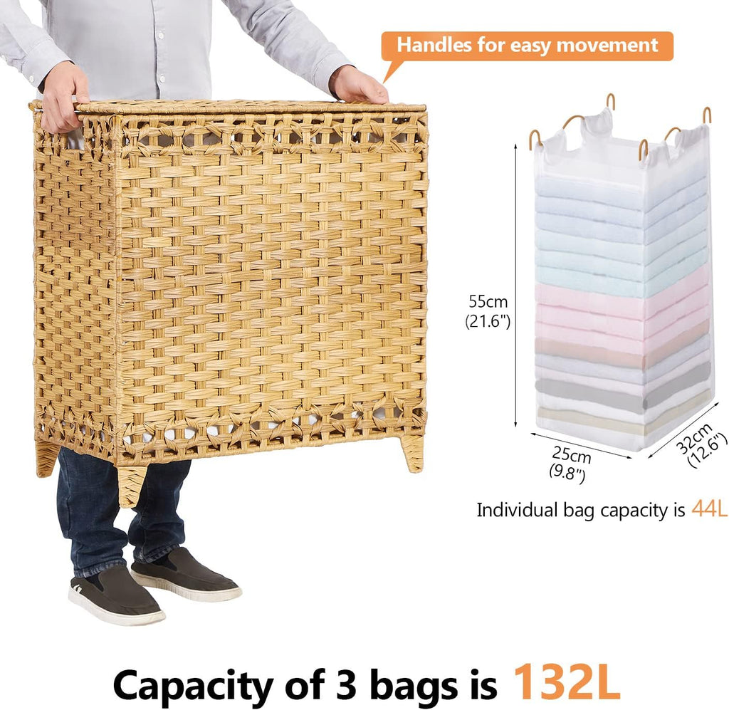 Laundry Hamper with 3 Removable Liner Bags, 132L Laundry Sorter with Lid | Raised Feet; Side Carry Handles; Handwoven