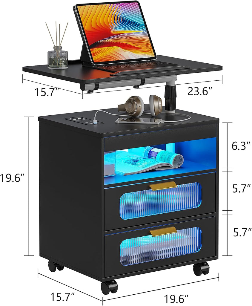 Nightstand with Wireless Charging Station, LED Nightstand Has Adjustable Rotary Workstation,Smart Night Stand with 2