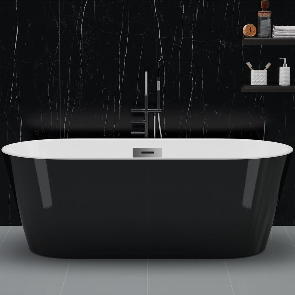 59 Inch Freestanding Bathtub, Acrylic, Deep Soaking Tub with Non-Slip Base, Modern Black Free Standing Tub for