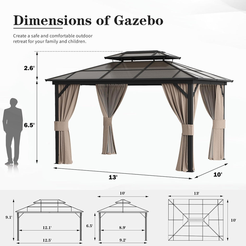 10'x13' Hardtop Gazebo, Outdoor Polycarbonate Double Roof Canopy
