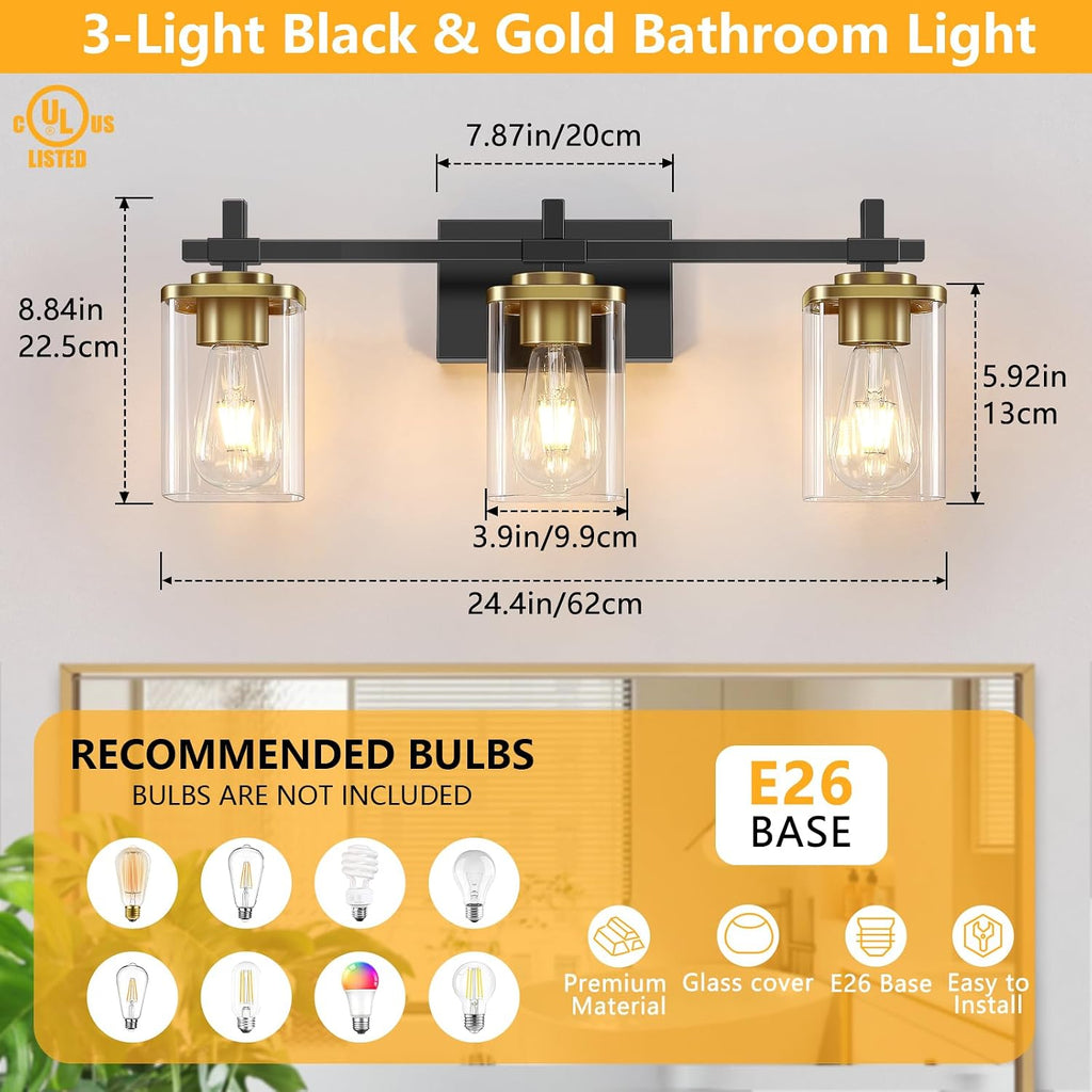 3-Lights Black and Gold Bathroom Light Fixtures Over Mirror, Modern Brushed Gold Vanity Lights , Sconces Wall