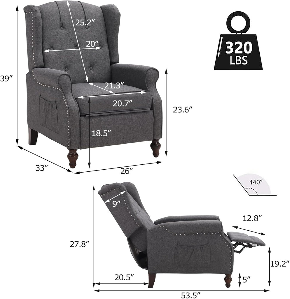 Wingback Recliner Chair with Massage and Heat, Wingback Recliner Tufted Fabric Push Back Recliner Chair , Vintage