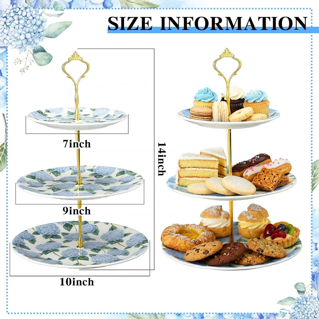 3 Tier Blue Hydrangea Cake Stand 10", 9" and 7" Ceramic Serving Tray Dessert Cupcake Display Holder Tower for Wedding