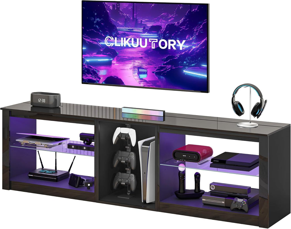 Modern 63 inch TV Stand with LED Lights for 50 55 60 65 70 75 inch TVs, High Gloss Entertainment Center for PS5, TV