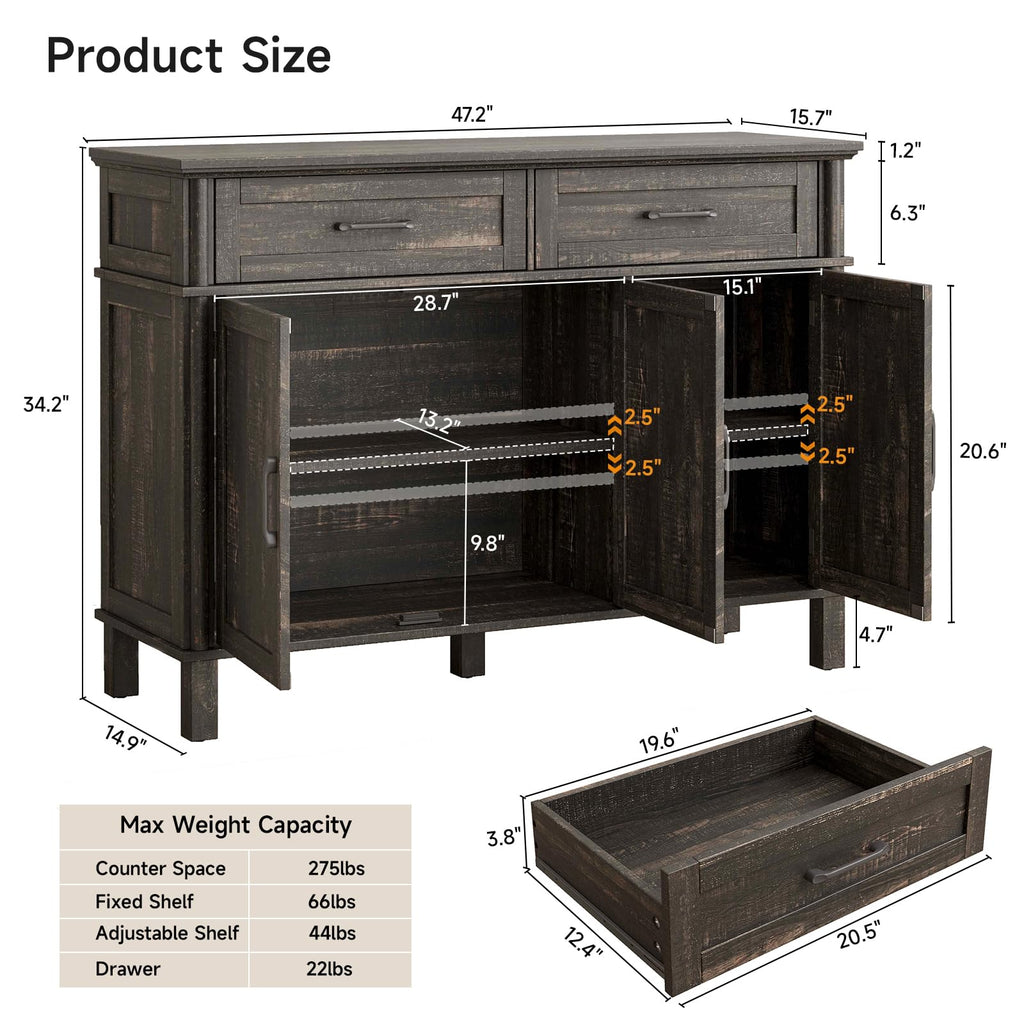 48 Inch Buffet Cabinet with Storage, Rustic Brown