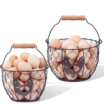 Wire Egg Basket Set of 2, Rooster Design Wooden Handle Farm Egg Storage 6.5in & 7.5in