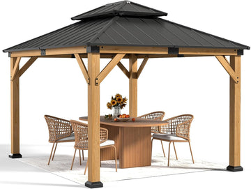 10' X 12' Wood Gazebo Hardtop Outdoor Permanent Pavilion with Double Galvanized Steel Roof Snow Support