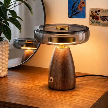9” Table Lamp Lamp with Wood Base, Stained Glass Shade, 3 Color Temperature
