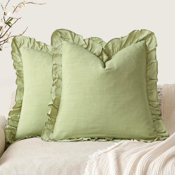 Linen Fringe Ruffle Throw Pillow Covers 18×18 Inch Light Green
