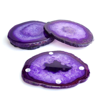 Purple Agate Slices Large Crystal Geode Coasters Set of 4 with Rubber Bumpers - Unique 4-5 Inch Dyed Stone Drink Cup
