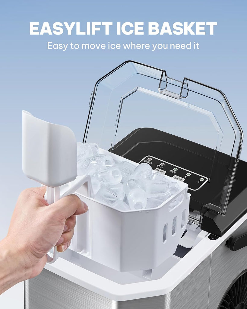 Ice Maker Countertop, Stainless Steel Portable Ice Machine with Carry Handle, Self-Cleaning Ice Makers with Basket