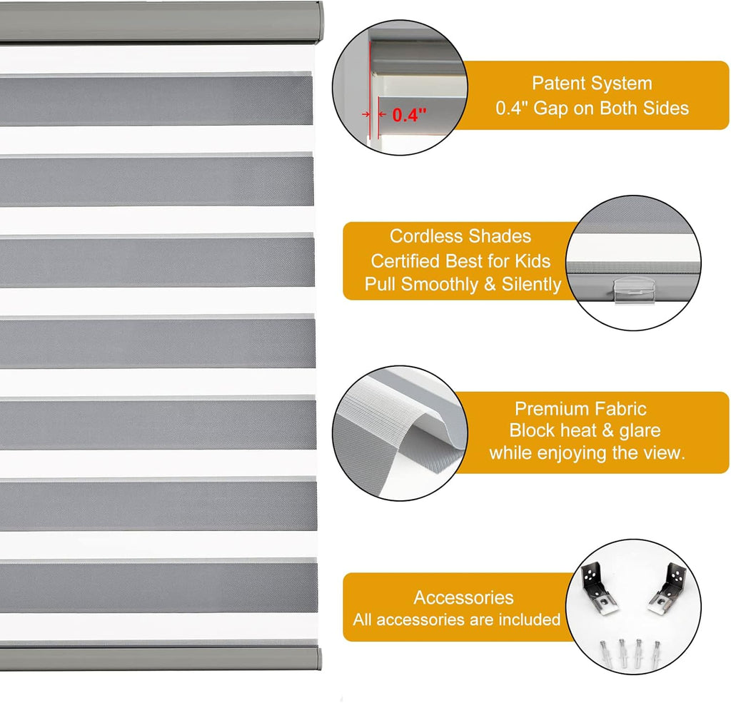 Cordless Zebra Blinds for Windows Free-Stop Roller Windows Shades (34" W X 72" H, Grey) Dual Layer Light Control for Day and Night, Light Filtering Sheer Shades for Home, Easy to Install